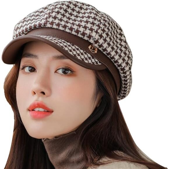 Accessories - Womens Newsboy Cap French Fashion Hats T1-houndstooth-brown
